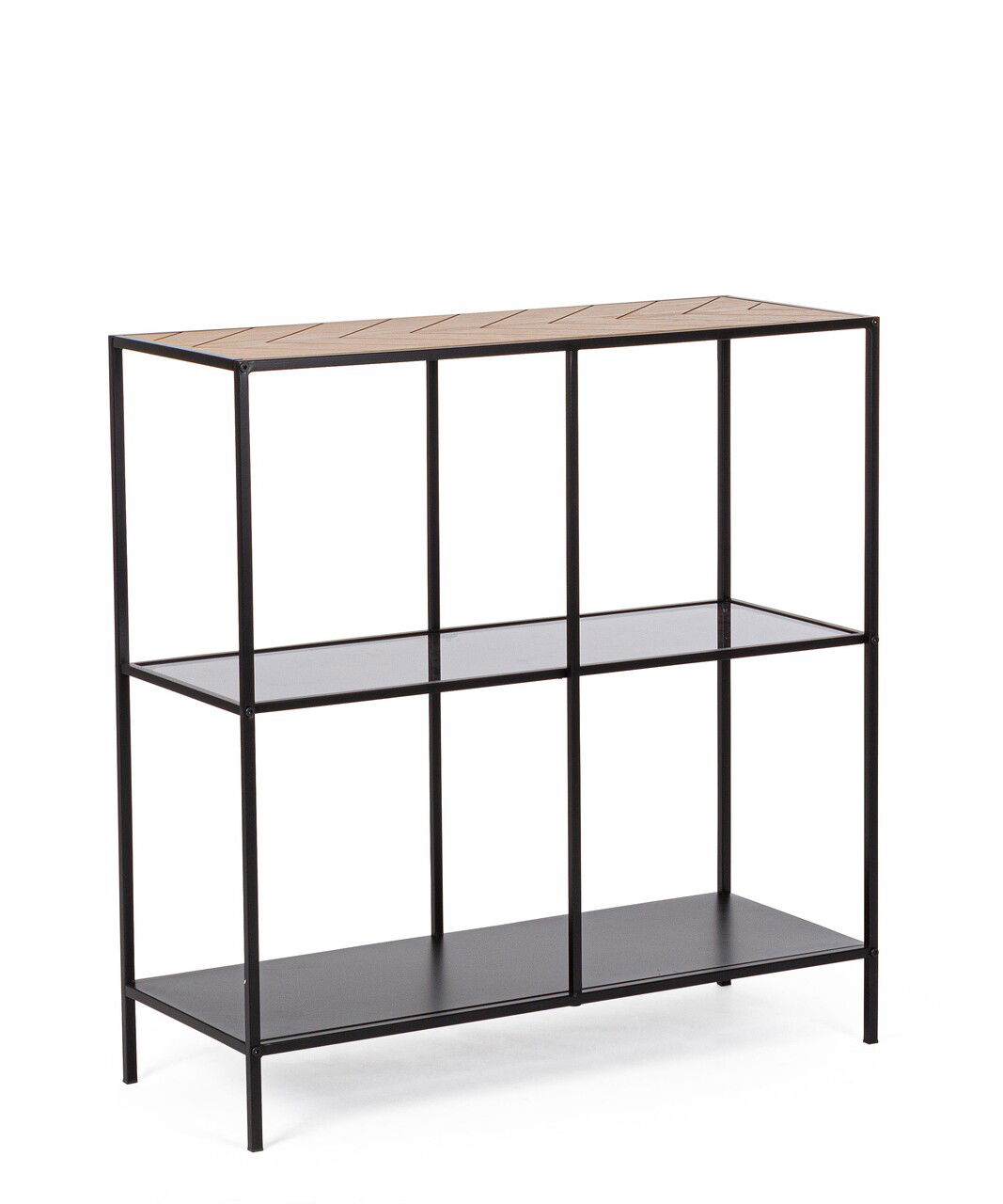 Consola Haldor, Bizzotto, 82x33x85 cm, otel/MDF/sticla temperata, negru/natural