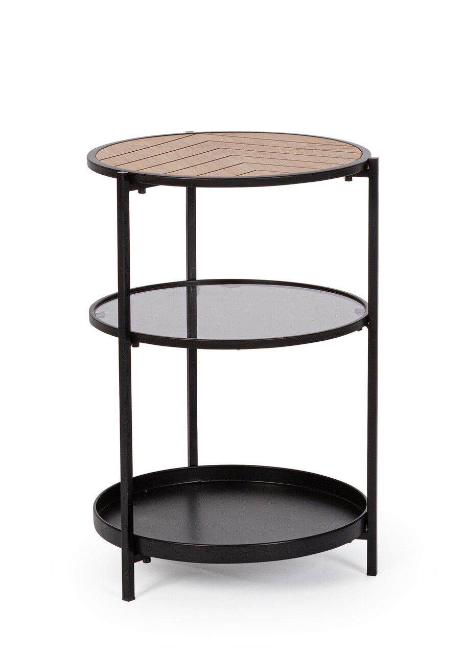 Masuta de cafea cu 3 rafturi Haldor, Bizzotto, D40x60.5 cm, otel/MDF/sticla temperata, negru/natural
