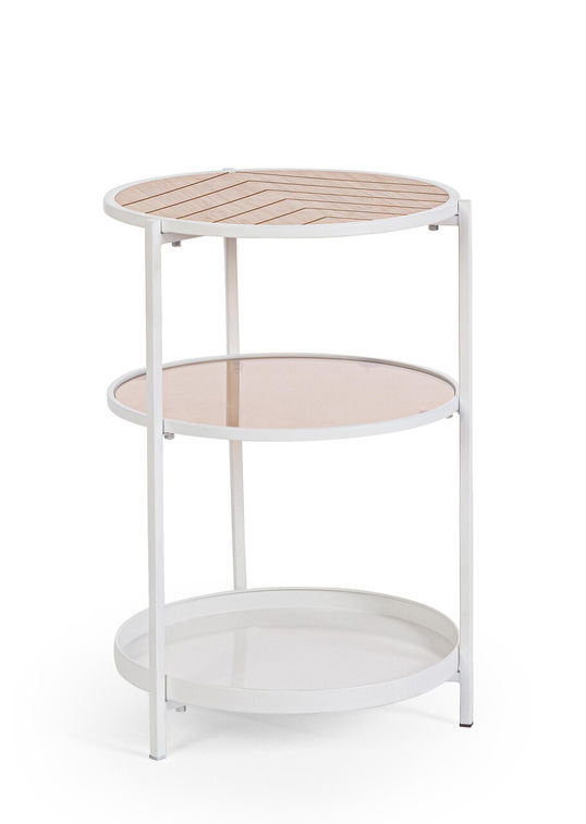 Masuta de cafea cu 3 rafturi Haldor, Bizzotto, D40x60.5 cm, otel/MDF furniruit/sticla temperata, alb/natural