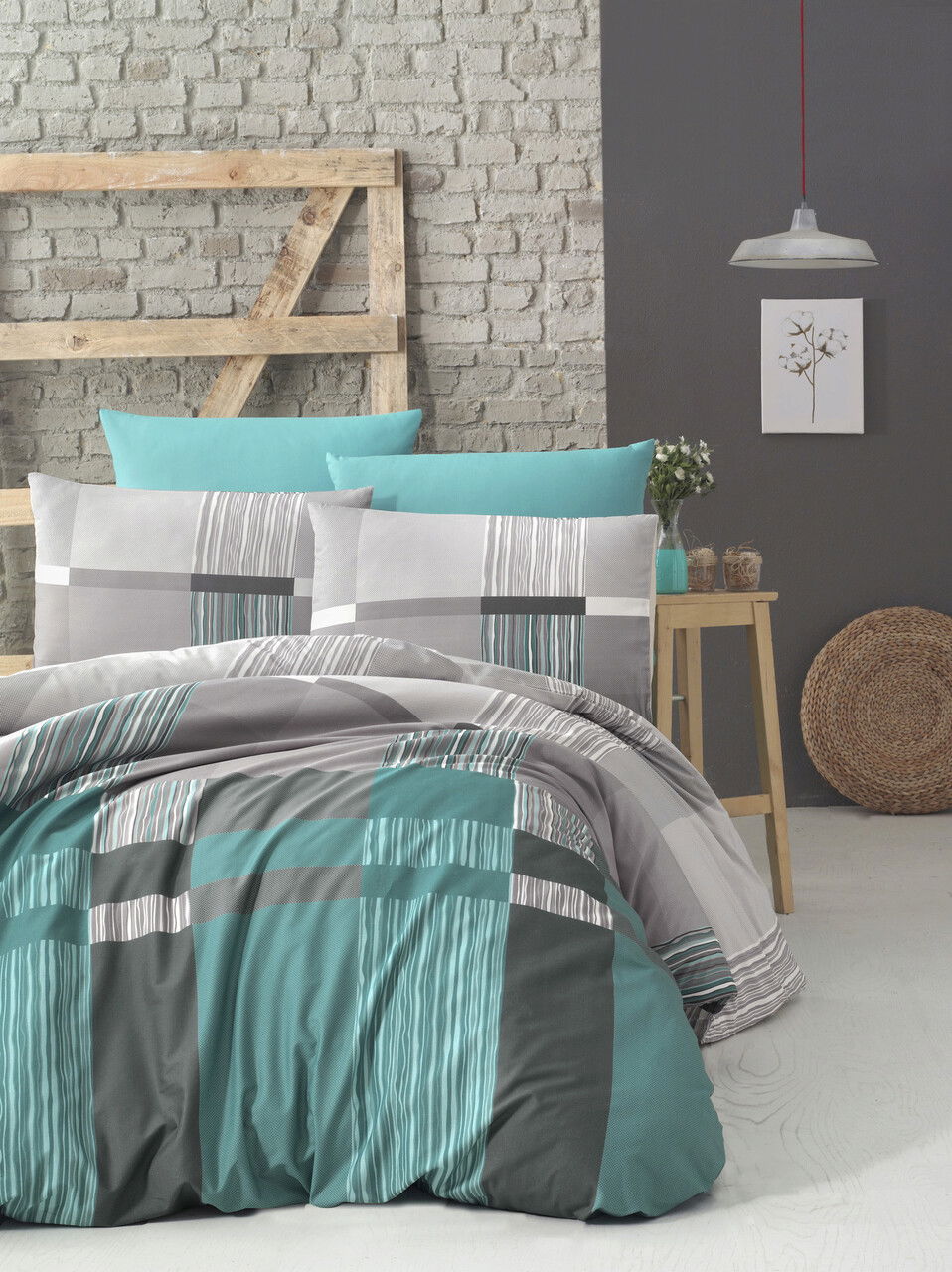 Lenjerie de pat pentru o persoana (FR), Estela - Turquoise, Victoria, Bumbac Ranforce