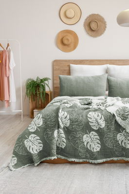 Set cuvertura pique dubla, Forest - Green, Şaheser, 70% bumbac/30% poliester