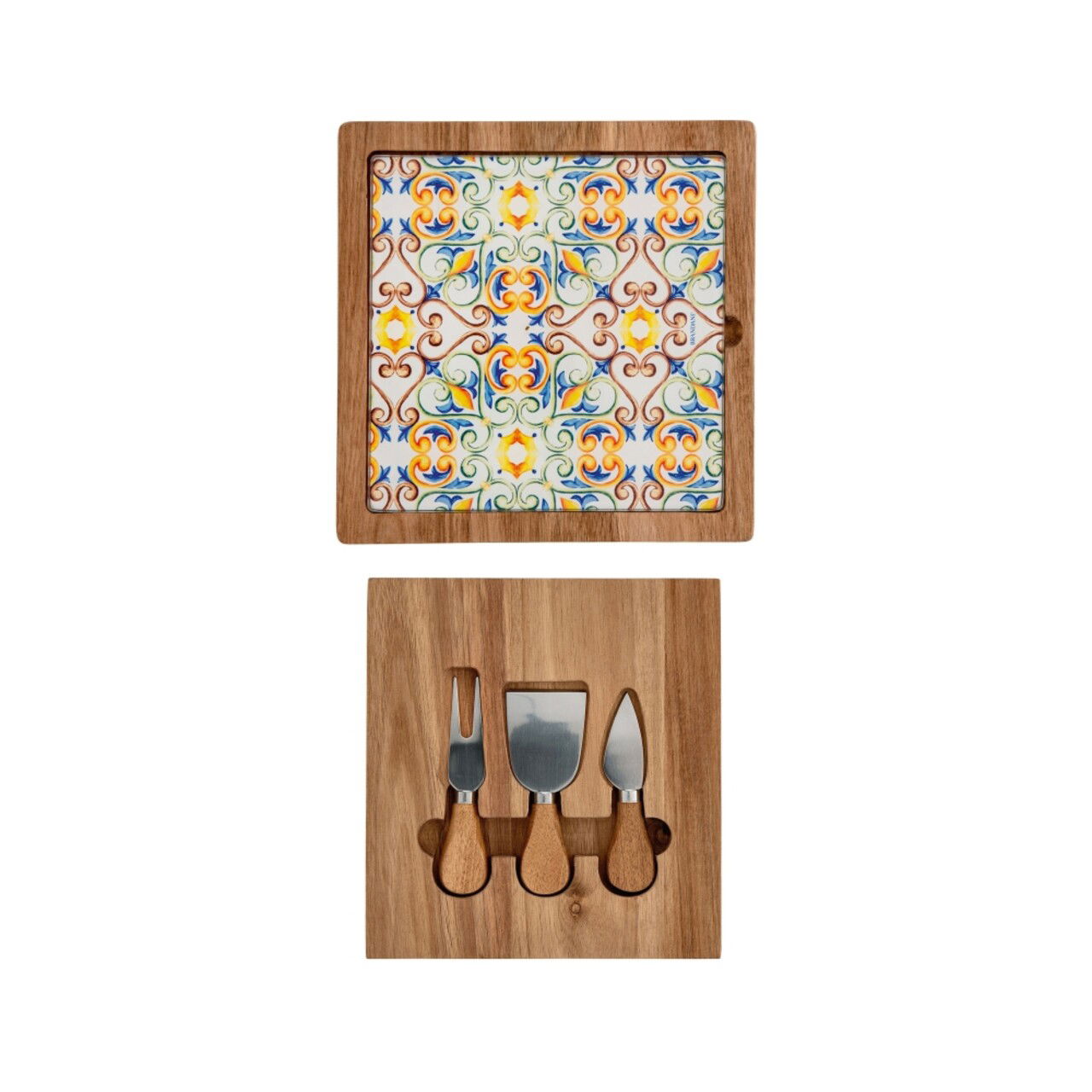 Set servire branzeturi, tocator si cutite, Medicea, Brandani, 24x24 cm, lemn de salcam/ceramica/inox