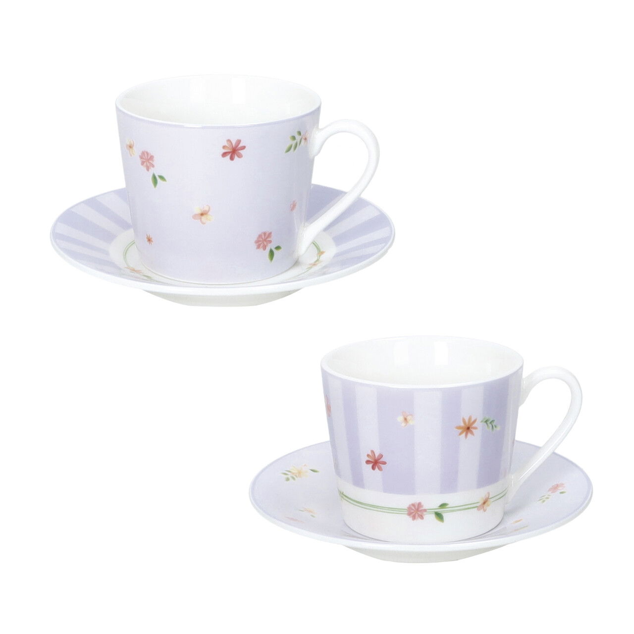 Set 2 cesti cu farfurie pentru cafea, Polline Lilac, Brandani, D11x7 cm, 50 ml, portelan New Bone China