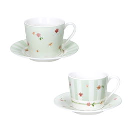 Set 2 cesti cu farfurie pentru cafea, Polline Green, Brandani, D11x7 cm, 50 ml, portelan New Bone China