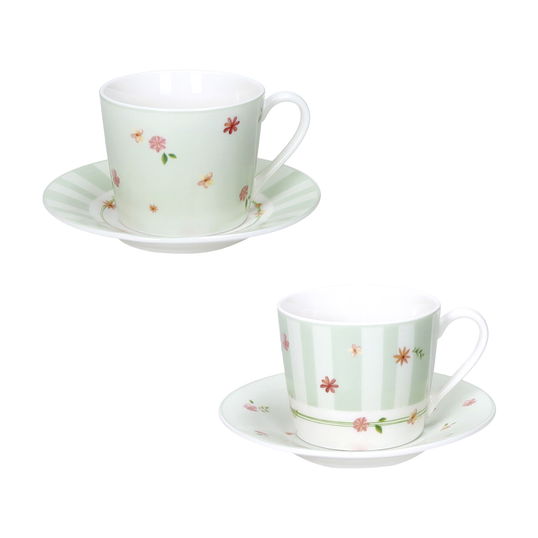 Set 2 cesti cu farfurie pentru cafea, Polline Green, Brandani, D11x7 cm, 50 ml, portelan New Bone China