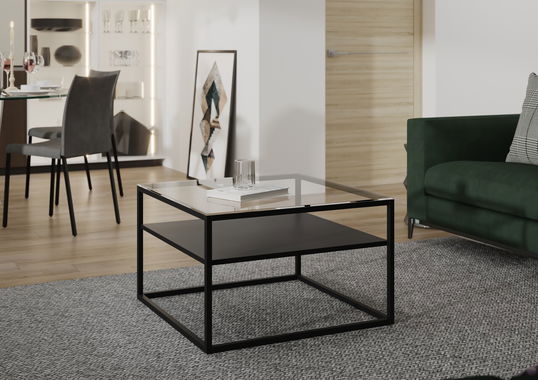 Masuta de cafea ELTAP, Stolik Linze, 75x75x45 cm, metal/sticla, negru/transparent