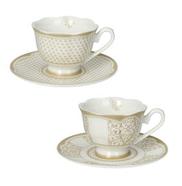 Set 2 cesti cu farfurie pentru cafea, Golden Eye v1, Brandani, D11.5x6 cm, portelan New Bone China