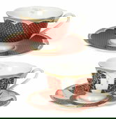 Set 2 cesti cu farfurie pentru ceai, Golden Eye Red, Brandani, D15x7.5 cm, portelan New Bone China
