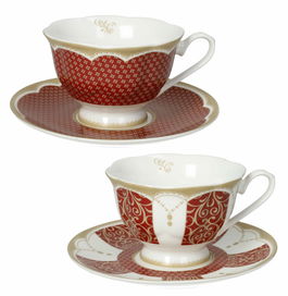 Set 2 cesti cu farfurie pentru ceai, Golden Eye Red, Brandani, D15x7.5 cm, portelan New Bone China