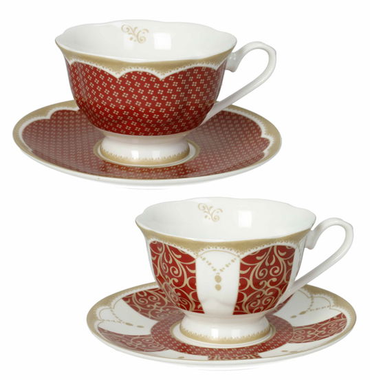 Set 2 cesti cu farfurie pentru ceai, Golden Eye Red, Brandani, D15x7.5 cm, portelan New Bone China