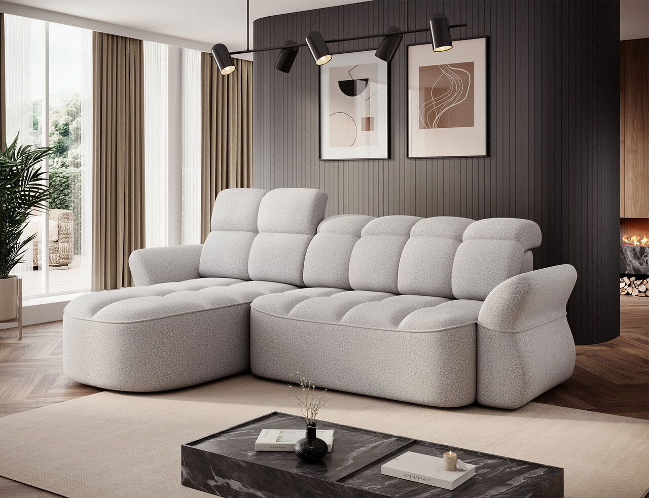 Coltar extensibil stanga 3 locuri ELTAP, Beneth, 301x185x115 cm, lemn/poliester, gri deschis