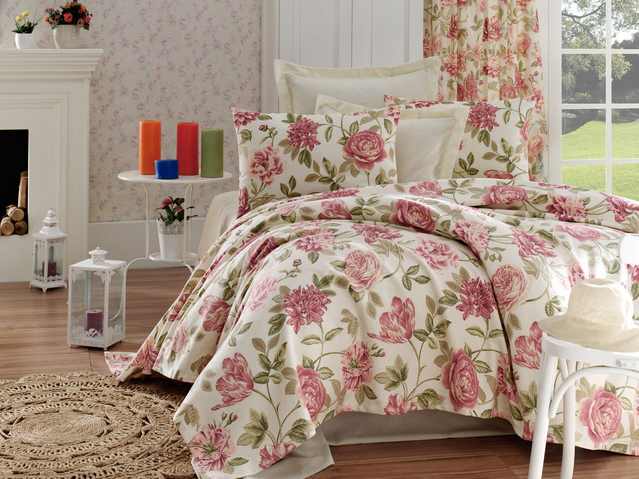 Set cuvertura pique dubla, Care - Pink v2, EnLora Home, Bumbac