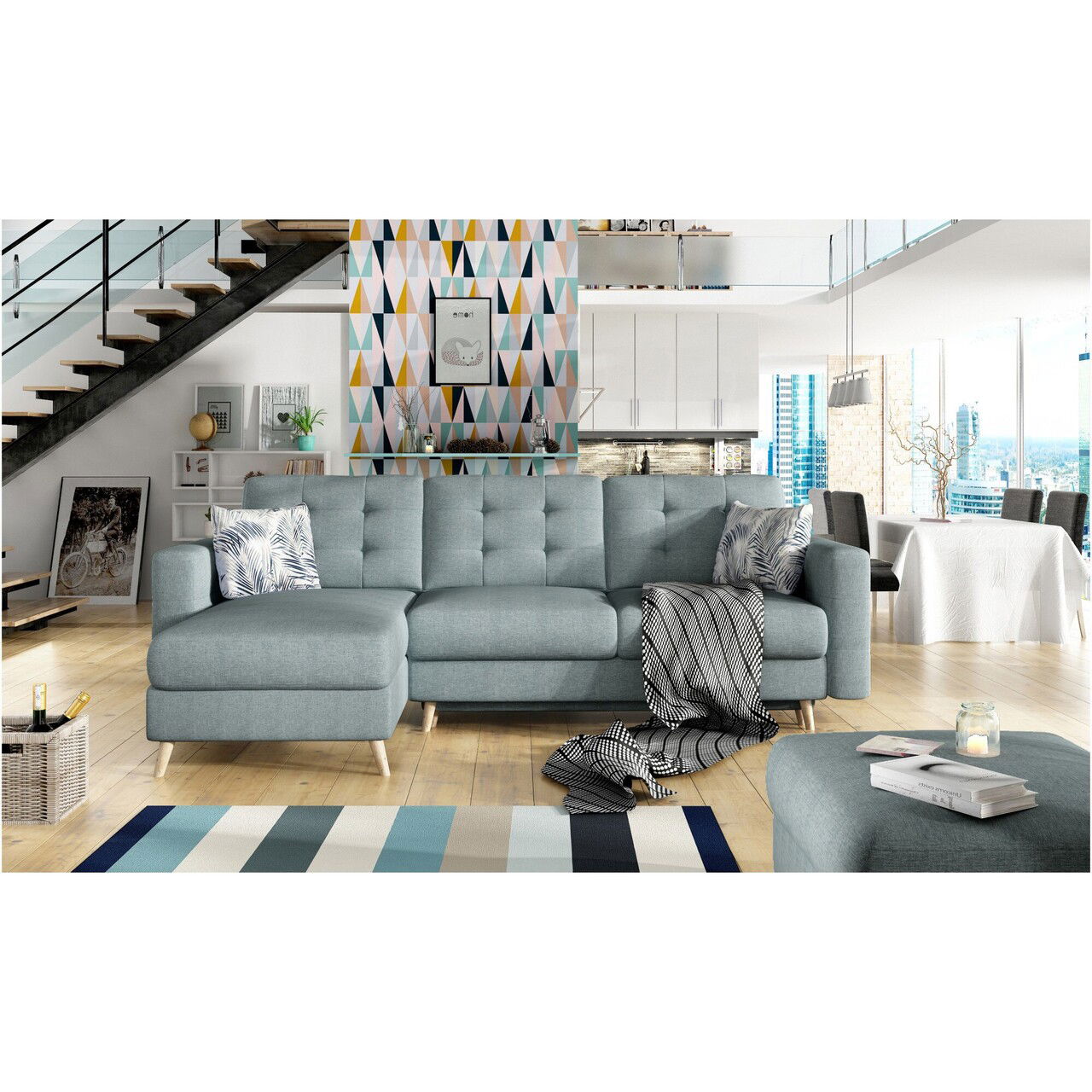 Coltar extensibil reversibil 3 locuri ELTAP, AsgL-16, Asgard, 248x162x93 cm, lemn/poliester, verde deschis