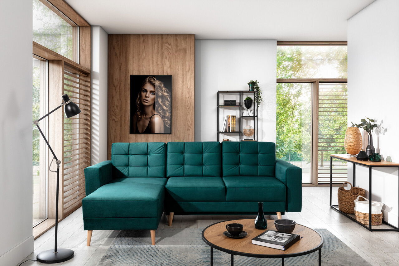 Coltar extensibil reversibil 3 locuri ELTAP, AsgL-24, Asgard, 248x162x93 cm, lemn/poliester, verde inchis