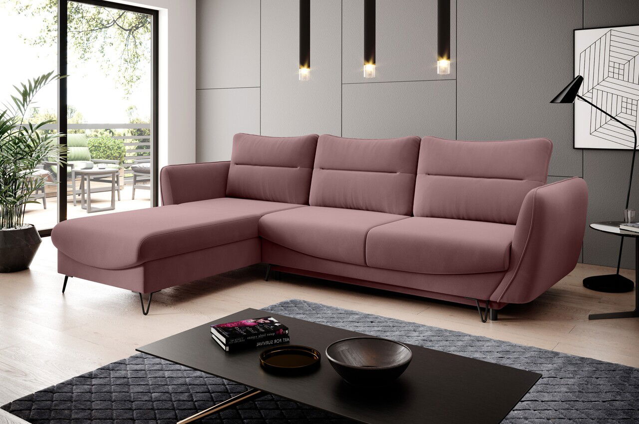 Coltar extensibil stanga 3 locuri ELTAP, LT-24VE, Silva, 276x201x100 cm, lemn/poliester, roz inchis