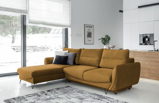 Coltar extensibil stanga 3 locuri ELTAP, LT-45NU, Silva, 276x201x100 cm, lemn/poliester, mustar
