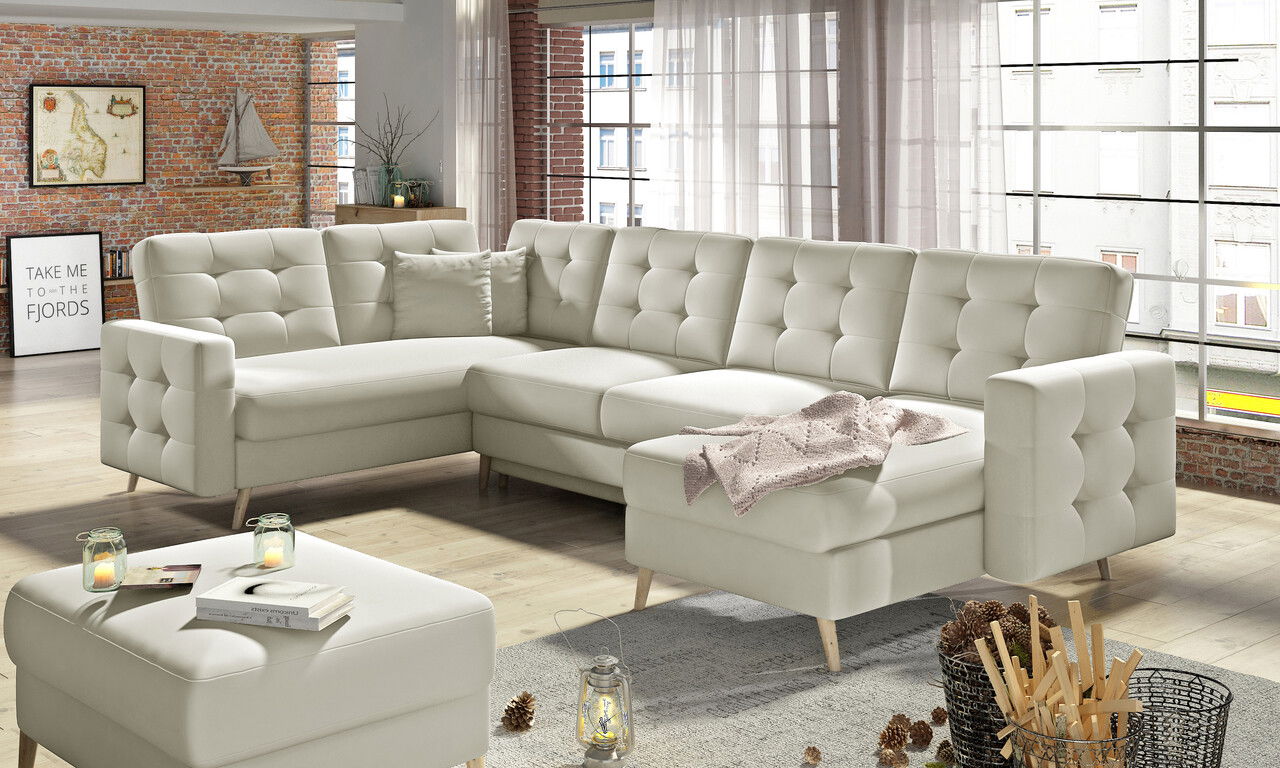 Coltar extensibil reversibil 5 locuri ELTAP, AsdU-09, Asgard, 326x202x93 cm, lemn/poliester, bej deschis