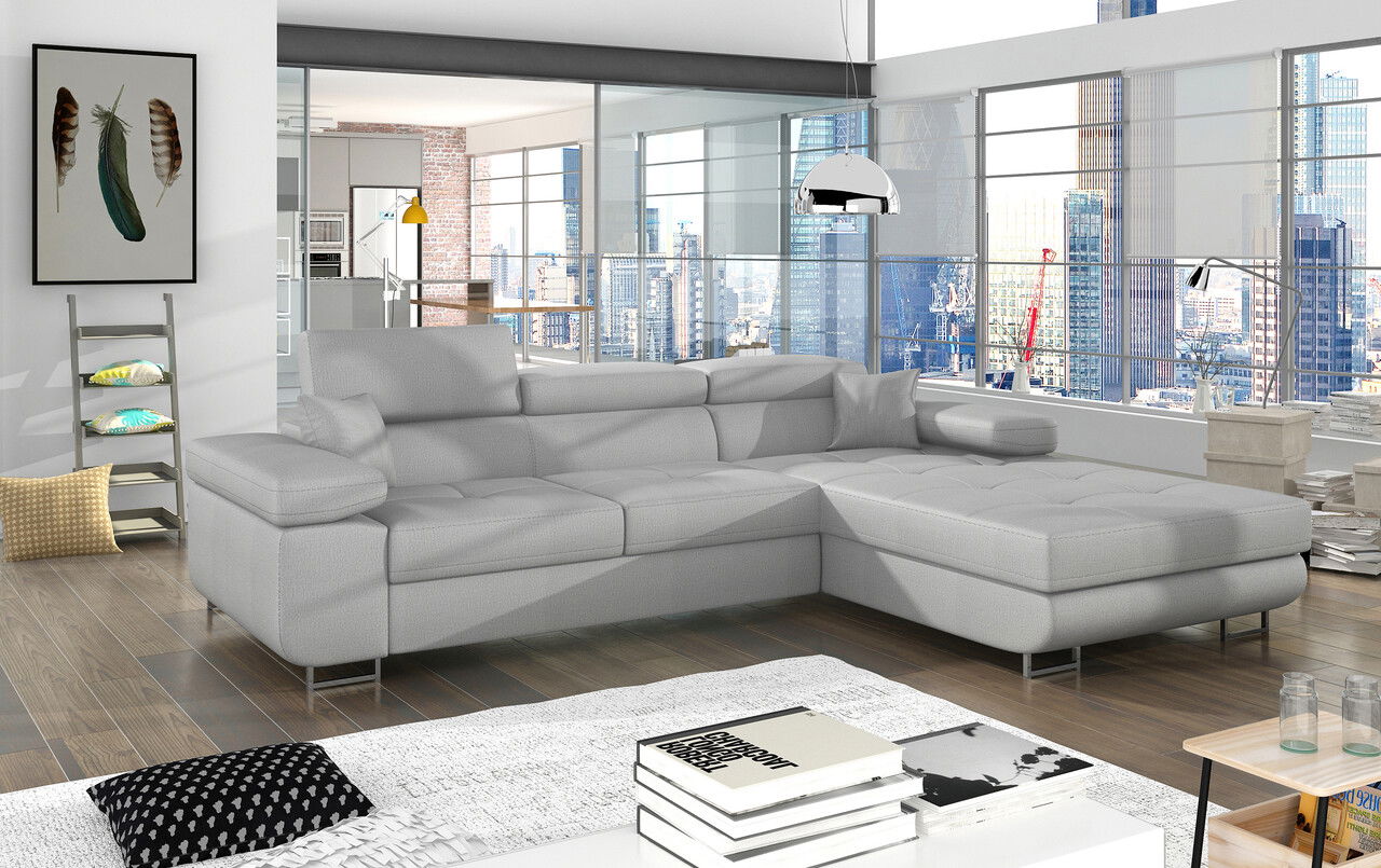 Coltar extensibil dreapta 4 locuri ELTAP, Armd-44, Armando, 289x203x85 cm, lemn/poliester, gri deschis