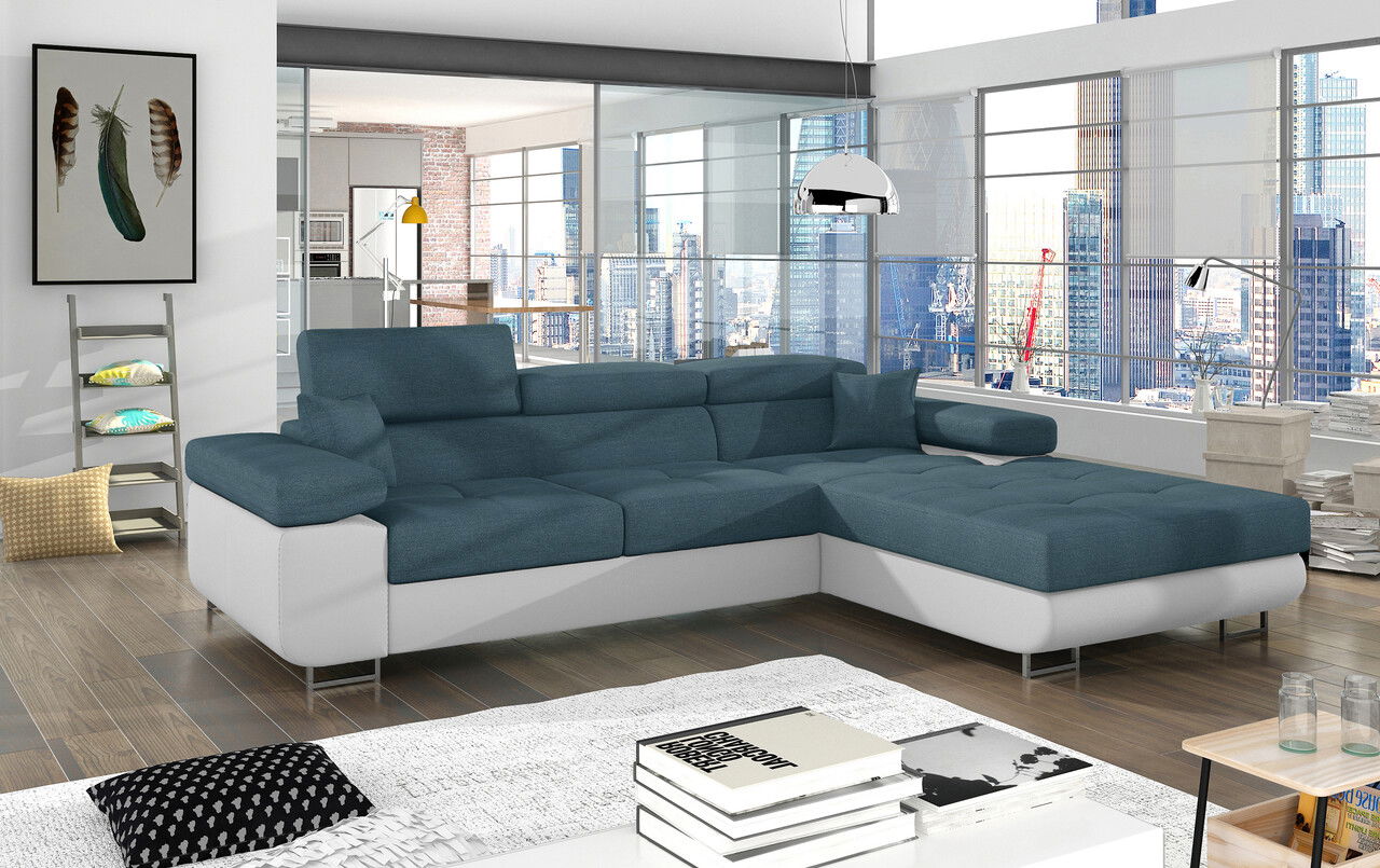 Coltar extensibil dreapta 4 locuri ELTAP, Armd-45, Armando, 289x203x85 cm, lemn/poliester, albastru/alb