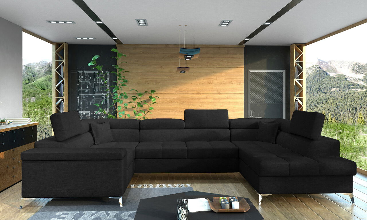 Coltar extensibil dreapta 6 locuri ELTAP, Th-08, Thiago, 342x208x88 cm, lemn/poliester, negru