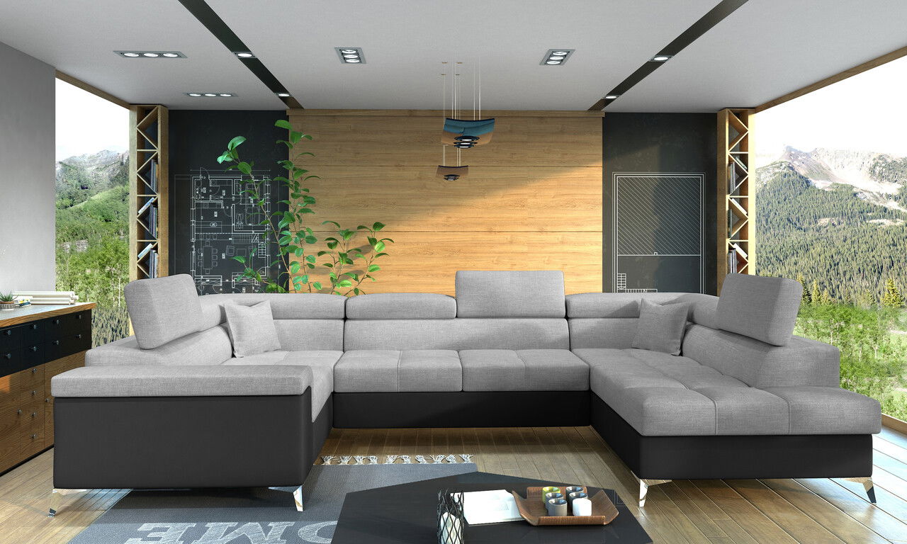 Coltar extensibil dreapta 6 locuri ELTAP, Th-09, Thiago, 342x208x88 cm, lemn/poliester, gri deschis/negru