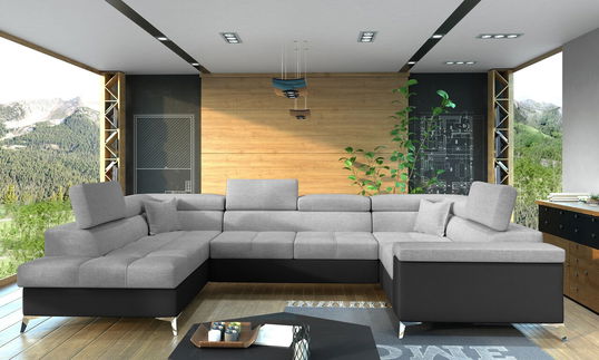 Coltar extensibil stanga 6 locuri ELTAP, Th-31, Thiago, 342x208x88 cm, lemn/poliester, gri deschis/negru