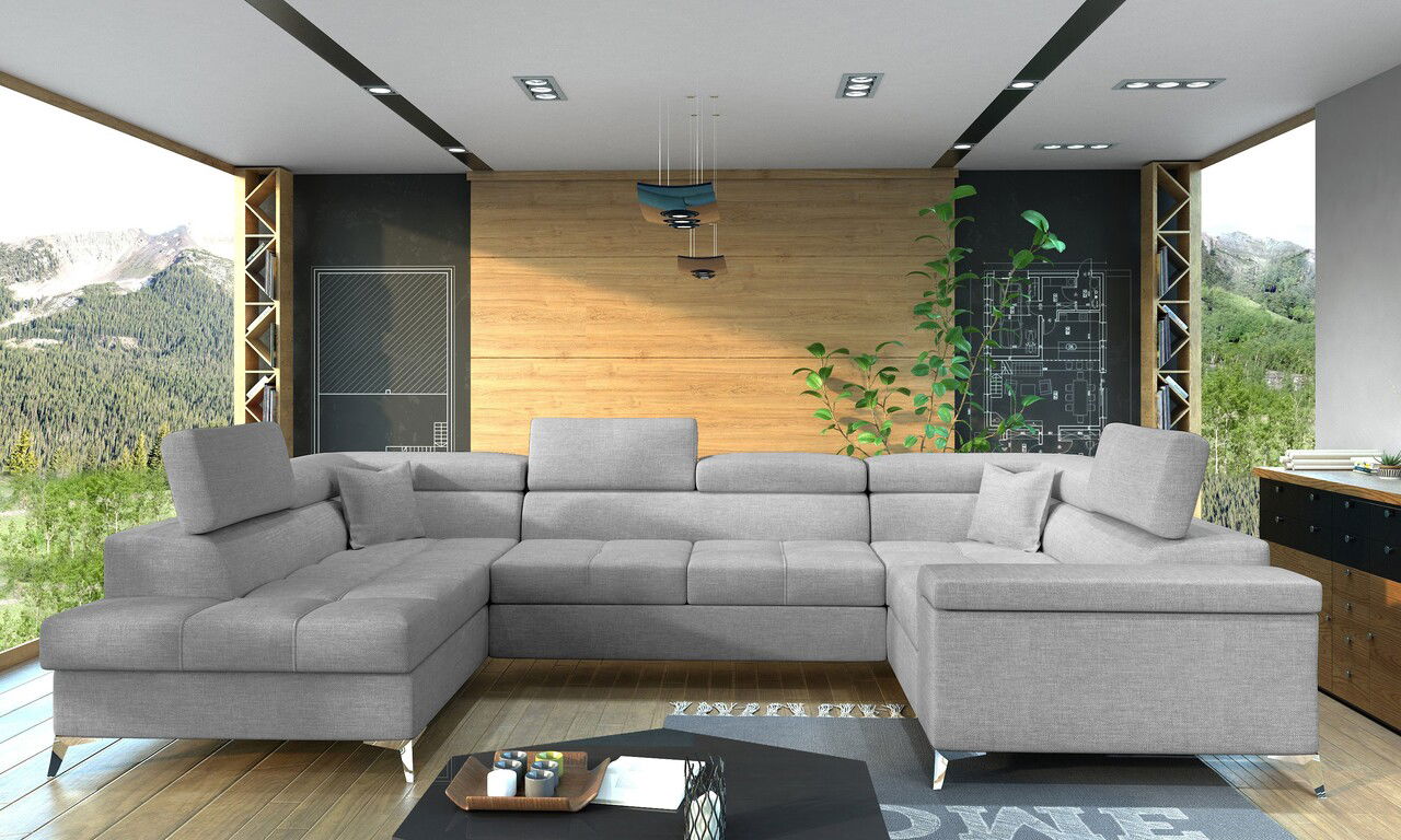 Coltar extensibil stanga 6 locuri ELTAP, Th-33, Thiago, 342x208x88 cm, lemn/poliester, gri deschis