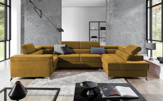 Coltar extensibil dreapta 6 locuri ELTAP, Th-65, Thiago, 342x208x88 cm, lemn/poliester, mustar
