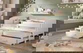 Pat etajat pentru camera copilului Owen, Meblobed, 90x200 cm, cu doua sertare, lemn de pin/PAL, alb