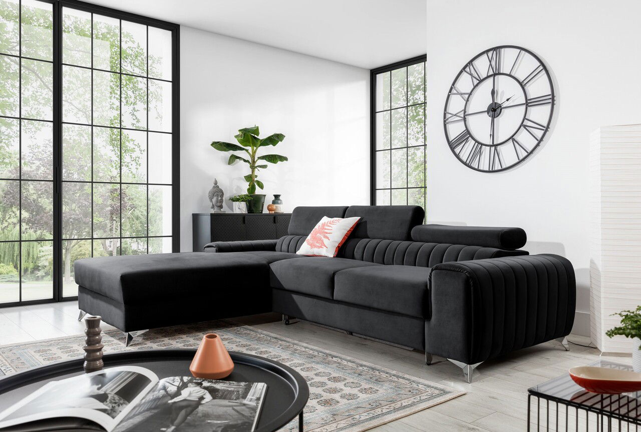 Coltar extensibil stanga 3 locuri ELTAP, LT-06VE, Grayson, 278x205x92 cm, lemn/poliester, gri inchis
