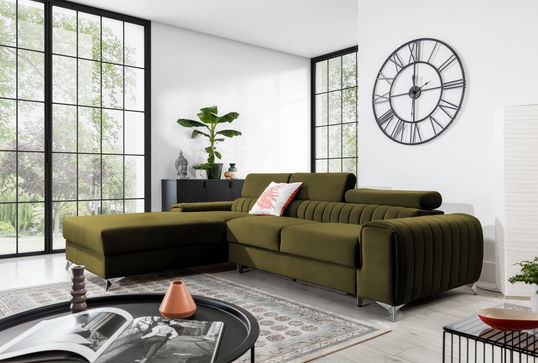 Coltar extensibil stanga 3 locuri ELTAP, LT-33NU, Grayson, 278x205x92 cm, lemn/poliester, verde olive