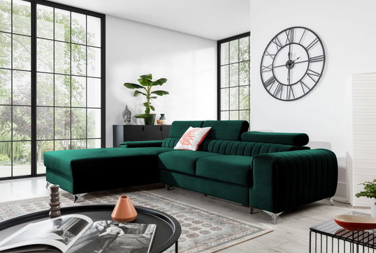 Coltar extensibil stanga 3 locuri ELTAP, LT-35NU, Grayson, 278x205x92 cm, lemn/poliester, verde inchis