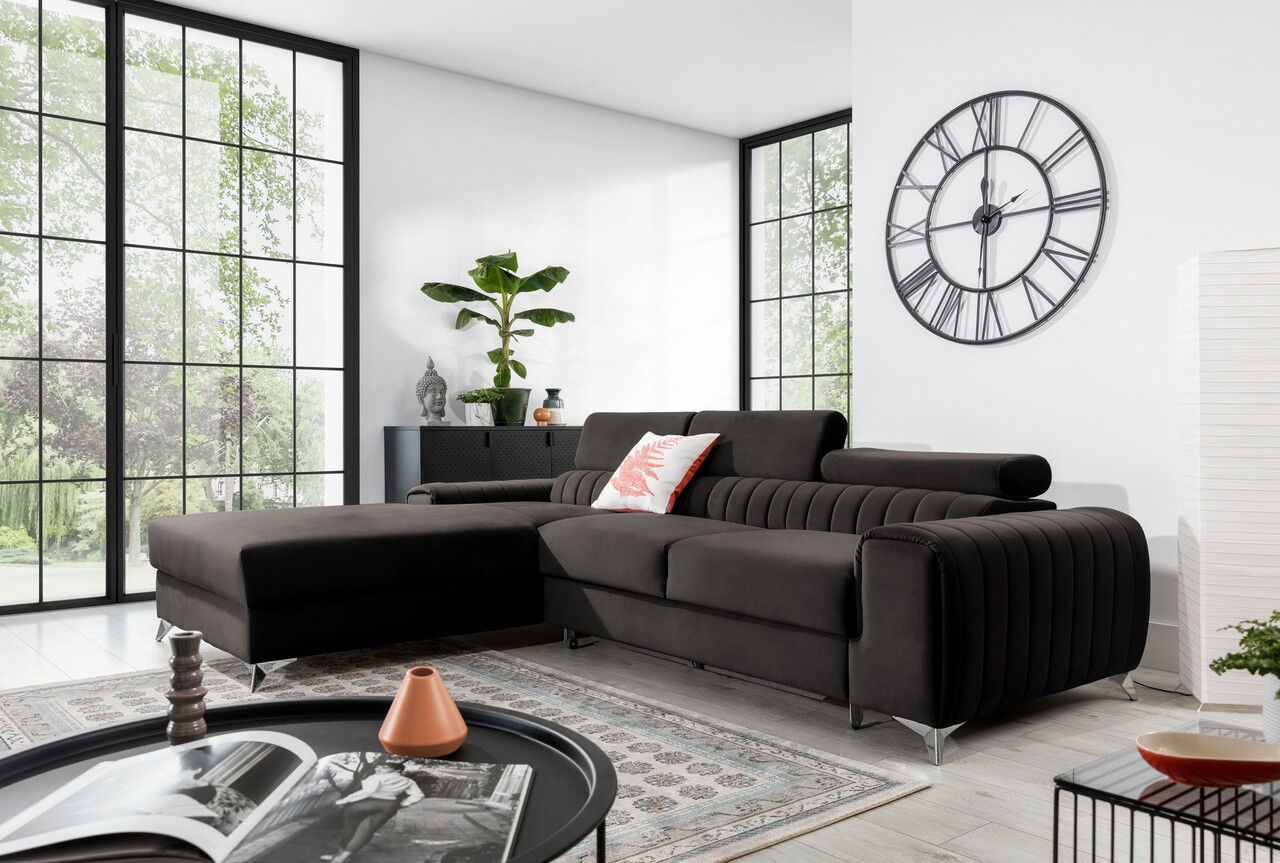 Coltar extensibil stanga 3 locuri ELTAP, LT-97RIV, Grayson, 278x205x92 cm, lemn/poliester, gri inchis