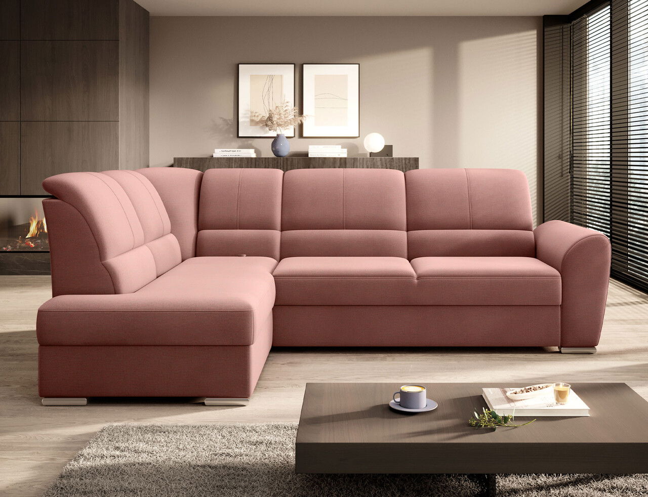 Coltar extensibil stanga 3 locuri ELTAP, LT-24NU, Siber, 270x186x93 cm, lemn/poliester, roz