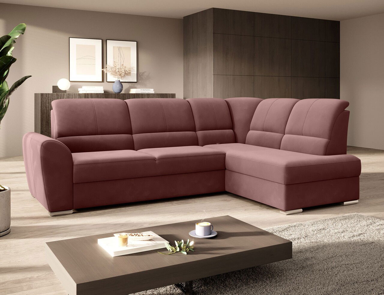 Coltar extensibil dreapta 3 locuri ELTAP, RT-24LU, Siber, 270x186x93 cm, lemn/poliester, roz inchis