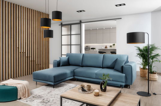 Coltar extensibil stanga 4 locuri ELTAP, LT-100VE, Dalia, 289x190x95 cm, lemn/poliester, albastru deschis