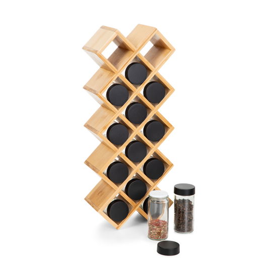 Set 14 recipiente pentru condimente si suport, B2 Bamboo Essentials, Homla, 42x17x9.5 cm, bambus, natur