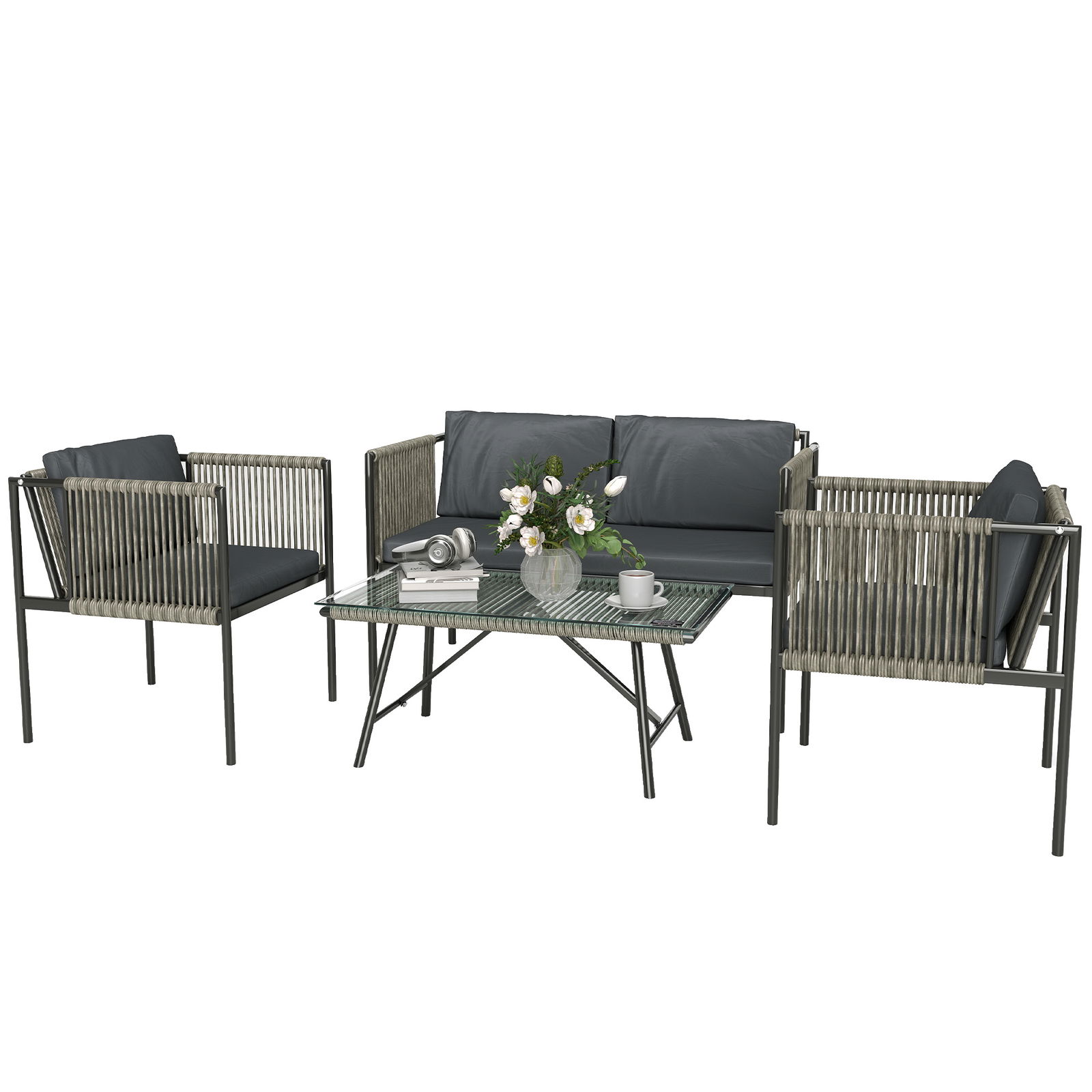 Outsunny Set de Exterior din Rattan 2 Fotolii, Canapea și Măsuță Gri | Aosom Romania