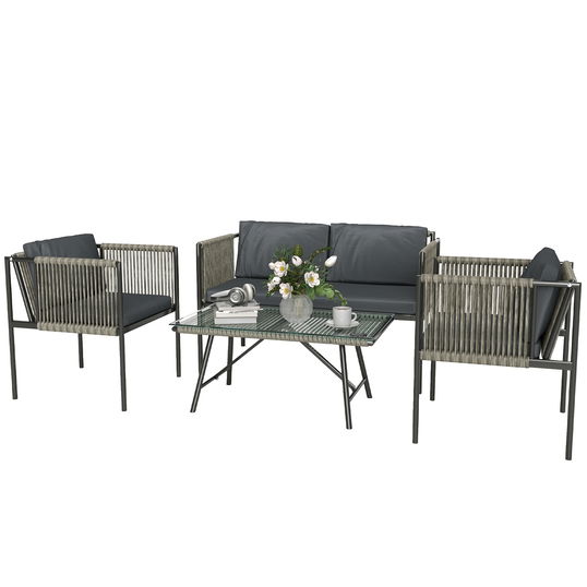 Outsunny Set de Exterior din Rattan 2 Fotolii, Canapea și Măsuță Gri | Aosom Romania