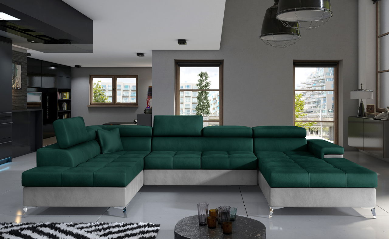Coltar extensibil stanga 5 locuri ELTAP, Edr-10, Eduardo, 337x205x88 cm, lemn/poliester, verde inchis/gri