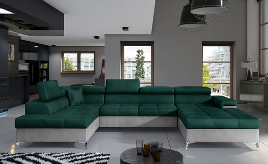 Coltar extensibil stanga 5 locuri ELTAP, Edr-10, Eduardo, 337x205x88 cm, lemn/poliester, verde inchis/gri