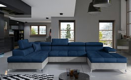 Coltar extensibil stanga 5 locuri ELTAP, Edr-14, Eduardo, 337x205x88 cm, lemn/poliester, albastru inchis/gri