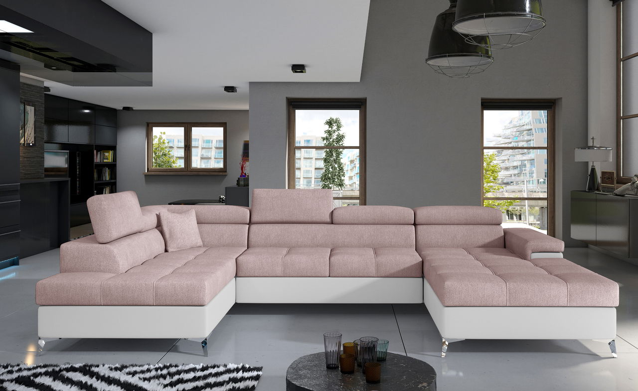 Coltar extensibil stanga 5 locuri ELTAP, Edr-20, Eduardo, 337x205x88 cm, lemn/poliester, roz deschis/alb