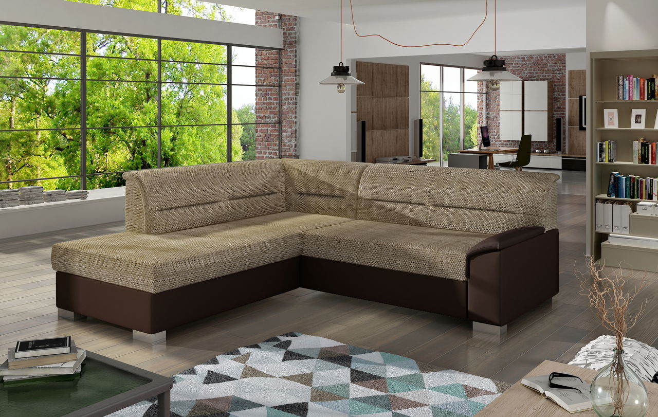 Coltar extensibil stanga 4 locuri ELTAP, BR08, Bergen, 247x214x83 cm, lemn/poliester, bej/maro inchis
