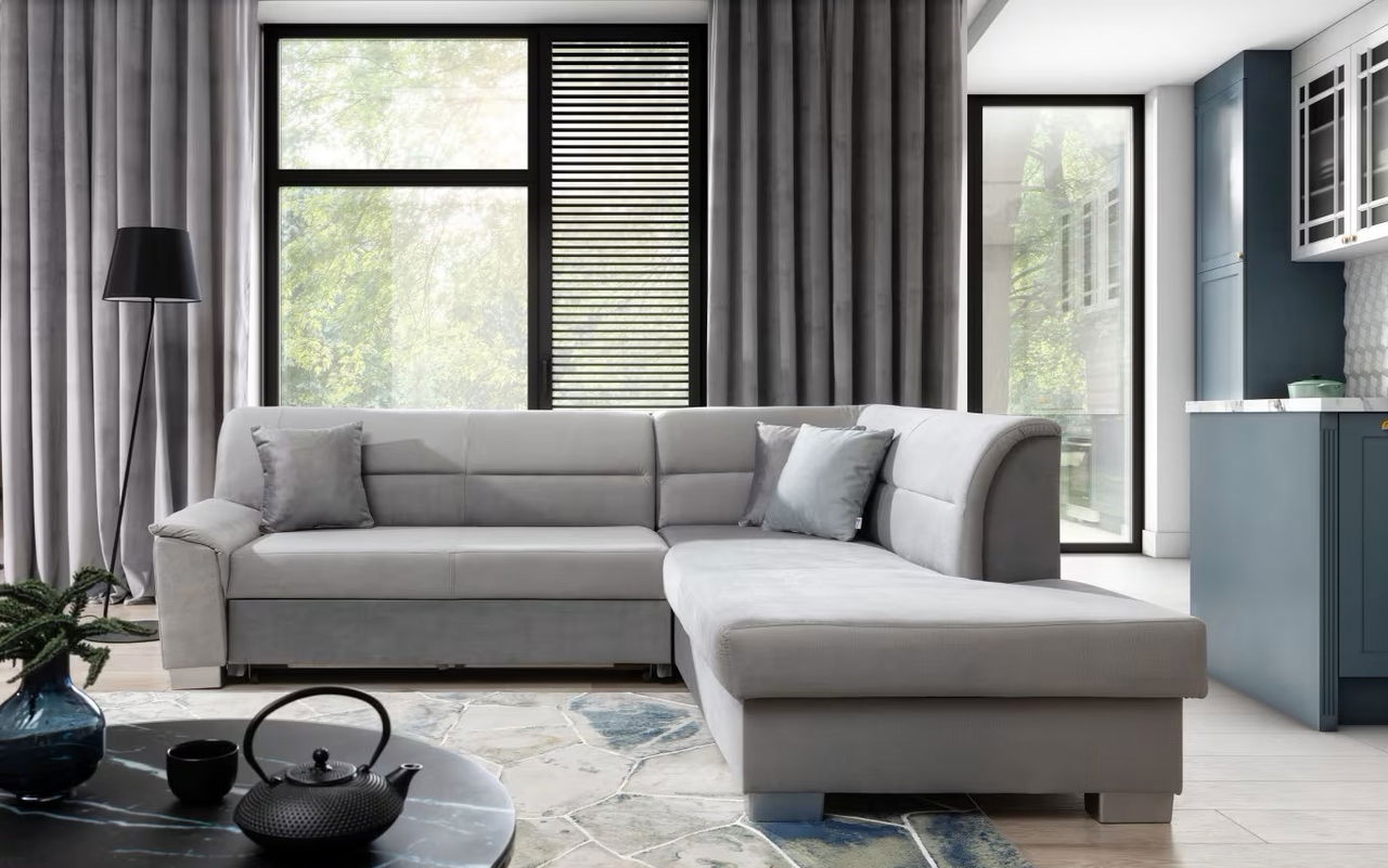 Coltar extensibil dreapta 4 locuri ELTAP, BR19, Bergen, 247x214x83 cm, lemn/poliester, gri deschis