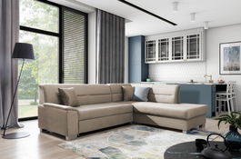Coltar extensibil dreapta 4 locuri ELTAP, BR35, Bergen, 247x214x83 cm, lemn/poliester, maro deschis