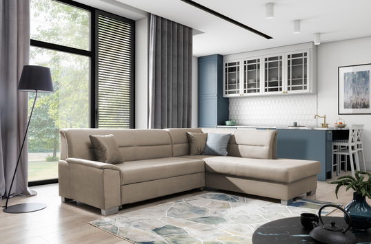 Coltar extensibil dreapta 4 locuri ELTAP, BR35, Bergen, 247x214x83 cm, lemn/poliester, maro deschis