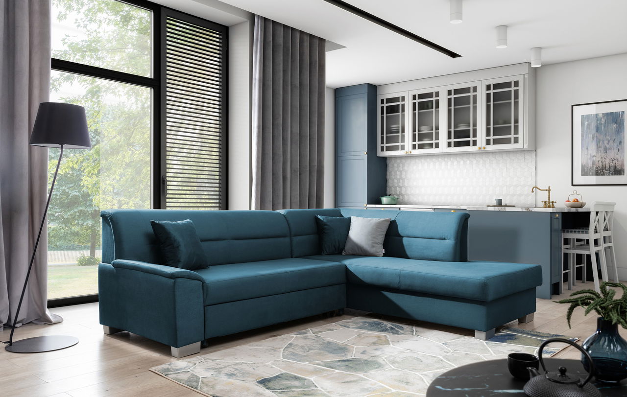Coltar extensibil dreapta 4 locuri ELTAP, BR47, Bergen, 247x214x83 cm, lemn/poliester, albastru
