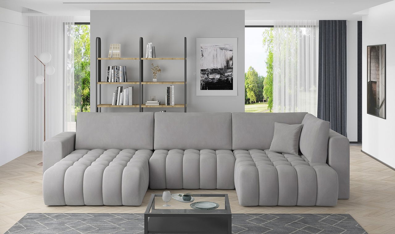 Coltar extensibil stanga 6 locuri ELTAP, LT-03NU, Bonito, 350x175x92 cm, lemn/poliester, gri deschis