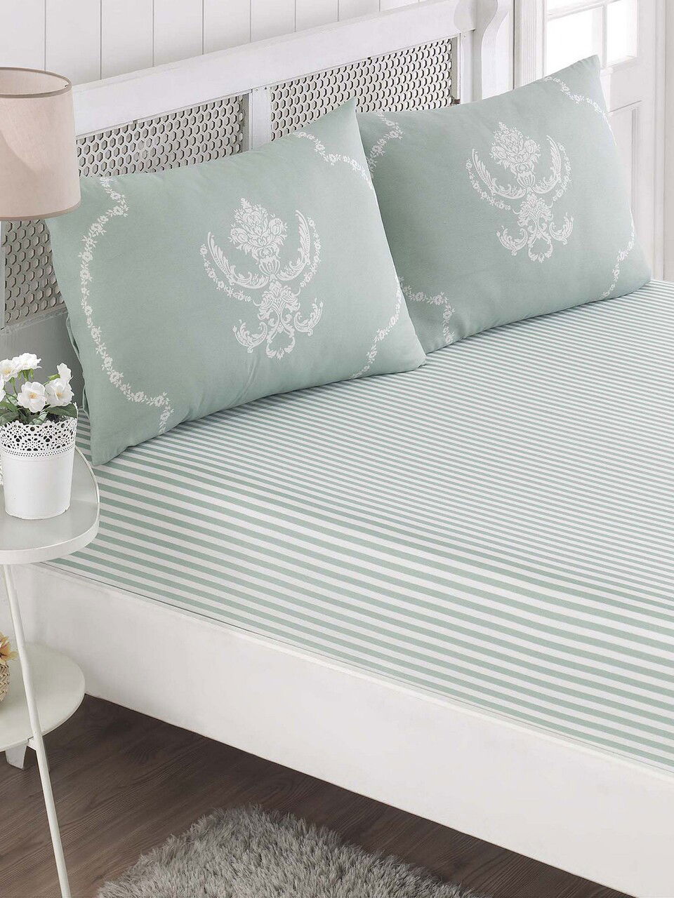 Set de pat dublu (cearceaf cu elastic si perne) 3 piese, Pure - Mint, EnLora Home, 65% bumbac/35% poliester
